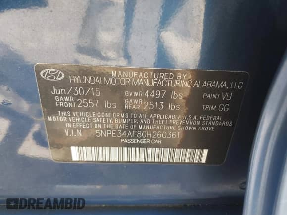2016 Hyundai Sonata Sport with VIN 5NPE34AF8GH260361, listed as a IAAI auction lot 43336466 with 113,179 mi miles and . Bid and sale history available at DreamBid. Image 9.