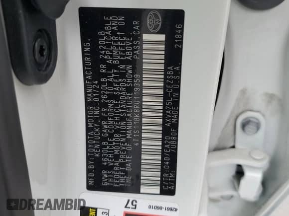 2024 Toyota Camry SE with VIN 4T1S11BK8RU119359, listed as a Copart auction lot 69290375 with 19,439 mi miles and Salvage title. Bid and sale history available at DreamBid. Image 13.