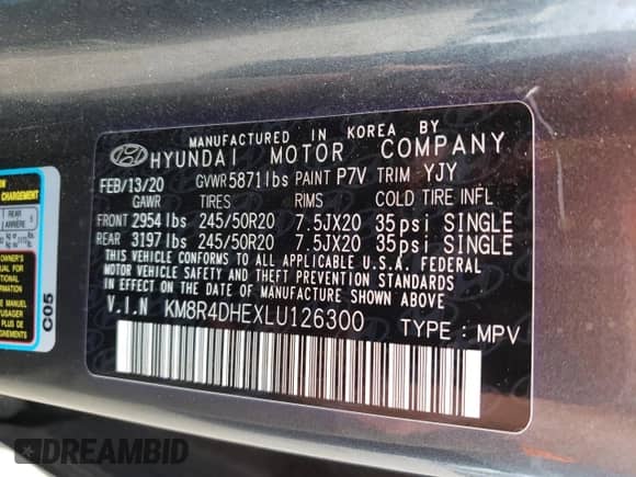 2020 Hyundai Palisade SEL z VIN KM8R4DHEXLU126300, wystawiony jako Copart lot #66935554 z przebiegiem 96 257 mil mil oraz Szkoda całkowita • Salvage title. Historia ofert i sprzedaży dostępna na DreamBid. Obrazek 13.