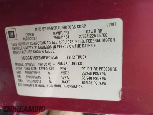 1997 Chevrolet S-10 LS with VIN 1GCCS19X5V8165256, listed as a IAAI auction lot 42740309 with 252,200 mi miles and . Bid and sale history available at DreamBid. Image 9.