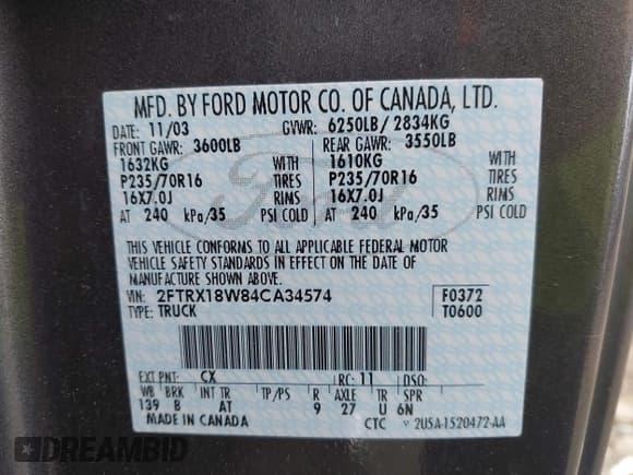 ✅ 2004 Ford F-150 XL • VIN: 2FTRX18W84CA34574 • Lot: 42259501. Listed on IAAI with 79,950 mi. Free auction sales archive from the USA and detailed vehicle history report at DreamBid. Image 9.