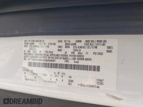 ✅ 2016 Ford Transit Cargo • VIN: 1FTYR1YM6GKB55687 • Lot: 43398877. Listed on IAAI with 115,507 mi. Free auction sales archive from the USA and detailed vehicle history report at DreamBid. Image 9.