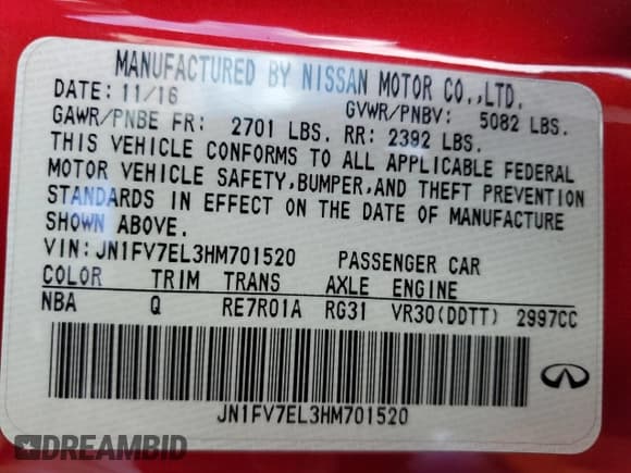 ✅ 2017 Infiniti Q60 Red Sport 400 • VIN: JN1FV7EL3HM701520 • Lot: 57169565. Listed on Copart with 103,761 mi. Free auction sales archive from the USA and detailed vehicle history report at DreamBid. Image 12.