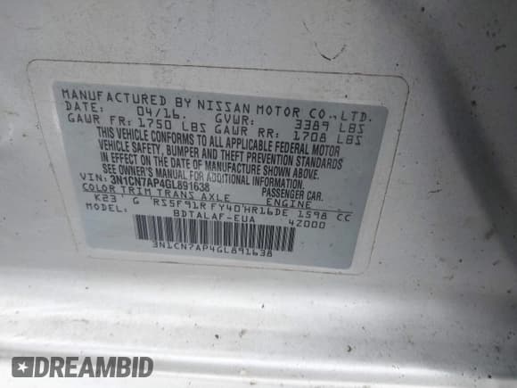 ✅ 2016 Nissan Versa S • VIN: 3N1CN7AP4GL891638 • Lot: 43282463. Listed on IAAI with 123,532 mi. Free auction sales archive from the USA and detailed vehicle history report at DreamBid. Image 9.