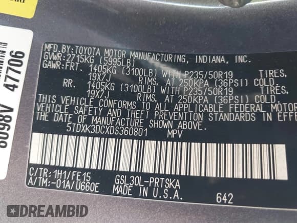 ✅ 2013 Toyota Sienna SE • VIN: 5TDXK3DCXDS360801 • Lot: 43443987. Listed on IAAI with 98,224 mi. Free auction sales archive from the USA and detailed vehicle history report at DreamBid. Image 9.