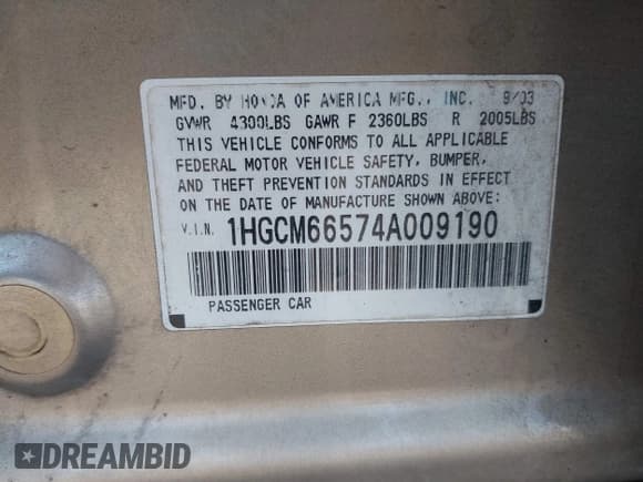 ✅ 2004 Honda Accord EX • VIN: 1HGCM66574A009190 • Lot: 43152033. Listed on IAAI with 197,615 mi. Free auction sales archive from the USA and detailed vehicle history report at DreamBid. Image 9.