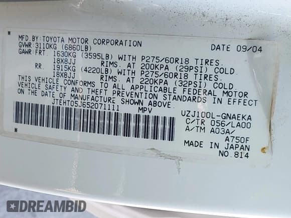 ✅ 2005 Toyota Land Cruiser • VIN: JTEHT05J652071111 • Лот: 41900179. Опубликован ранее на IAAI с пробегом 195 717 миль. Бесплатный доступ к архиву аукционных продаж из США и подробный отчёт об истории автомобиля на DreamBid. Изображение 9.