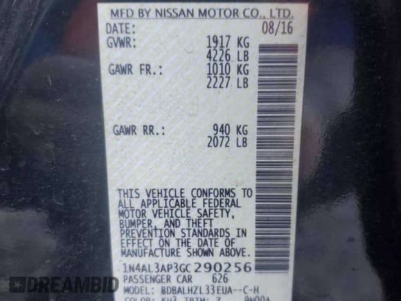 2016 Nissan Altima S with VIN 1N4AL3AP3GC290256, listed as a Copart auction lot 86778195 with Not provided miles and Salvage title. Bid and sale history available at DreamBid. Image 12.