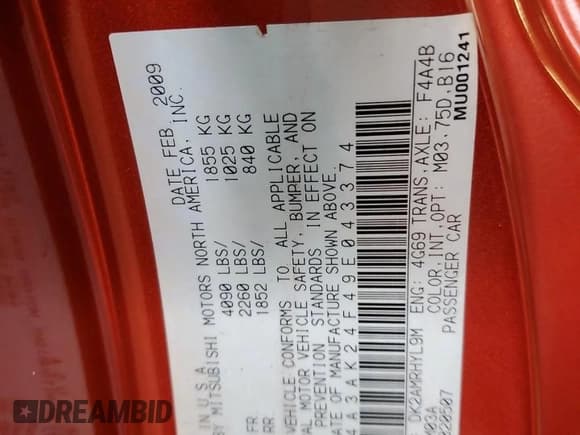 ✅ 2009 Mitsubishi Eclipse GS • VIN: 4A3AK24F49E043374 • Lot: 92198785. Listed on Copart with 163,182 mi. Free auction sales archive from the USA and detailed vehicle history report at DreamBid. Image 12.