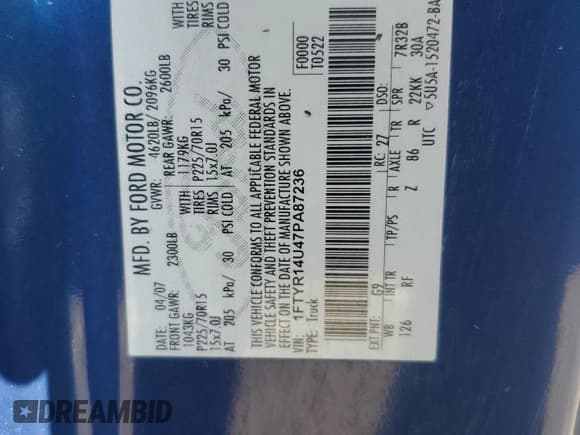 ✅ 2007 Ford Ranger XL • VIN: 1FTYR14U47PA87236 • Lot: 64562705. Listed on Copart with 161,178 mi. Free auction sales archive from the USA and detailed vehicle history report at DreamBid. Image 12.