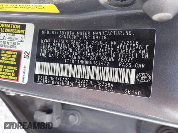 2019 Toyota Camry LE z VIN 4T1B11HK9KU161472, wystawiony jako IAAI lot #43127580 z przebiegiem 104 626 mil mil oraz . Historia ofert i sprzedaży dostępna na DreamBid. Obrazek 9.