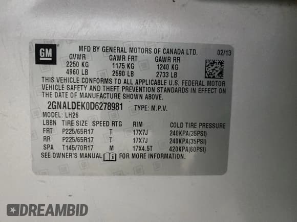 ✅ 2013 Chevrolet Equinox LT • VIN: 2GNALDEK0D6278981 • Lot: 92739555. Listed on Copart with 134,311 mi. Free auction sales archive from the USA and detailed vehicle history report at DreamBid. Image 13.