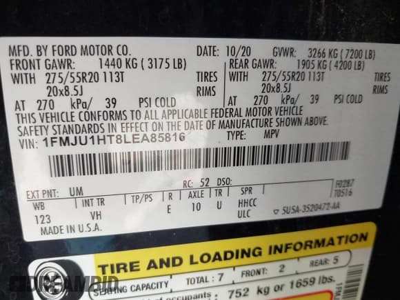 ✅ 2020 Ford Expedition XLT • VIN: 1FMJU1HT8LEA85816 • Lot: 41891667. Wystawiony na IAAI z przebiegiem 103 439 mil. Bezpłatny archiwum sprzedaży aukcyjnych z USA i szczegółowy raport historii pojazdu na DreamBid. Zdjęcie 9.