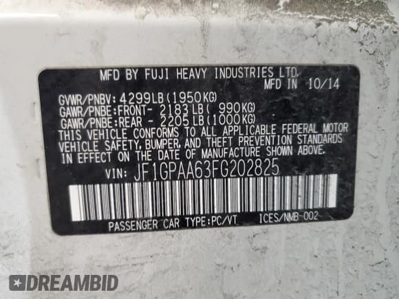 ✅ 2015 Subaru Impreza 2.0i • VIN: JF1GPAA63FG202825 • Lot: 44026325. Wystawiony na Copart z przebiegiem 136 477 mil. Bezpłatny archiwum sprzedaży aukcyjnych z USA i szczegółowy raport historii pojazdu na DreamBid. Zdjęcie 12.