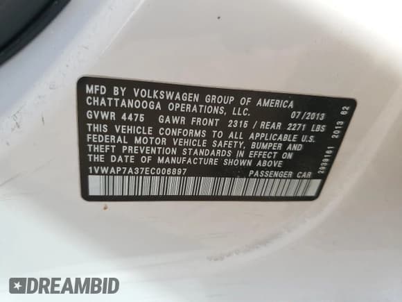 ✅ 2014 Volkswagen Passat S • VIN: 1VWAP7A37EC006897 • Lot: 53035155. Listed on Copart with 176,129 mi. Free auction sales archive from the USA and detailed vehicle history report at DreamBid. Image 13.