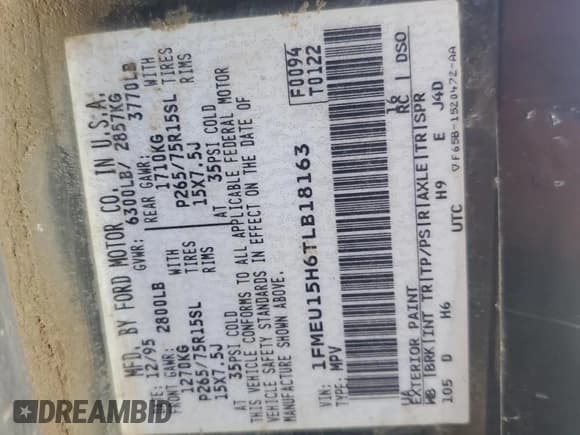 ✅ 1996 Ford Bronco Custom • VIN: 1FMEU15H6TLB18163 • Лот: 51802494. Опубликован ранее на Copart с пробегом 151 134 миль. Бесплатный доступ к архиву аукционных продаж из США и подробный отчёт об истории автомобиля на DreamBid. Изображение 12.