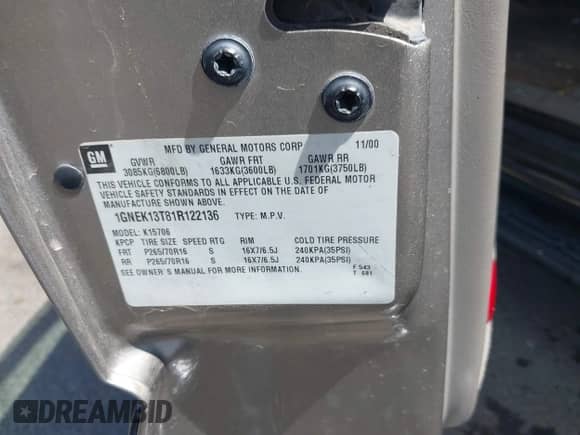 2001 Chevrolet Tahoe LT z VIN 1GNEK13T81R122136, wystawiony jako IAAI lot #42272857 z przebiegiem 216 060 mil mil oraz . Historia ofert i sprzedaży dostępna na DreamBid. Obrazek 9.