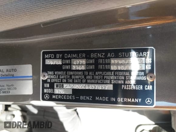 ✅ 1989 Mercedes-Benz 300 SE • VIN: WDBCA24DXKA437857 • Lot: 42343496. Listed on IAAI with 152,134 mi. Free auction sales archive from the USA and detailed vehicle history report at DreamBid. Image 9.