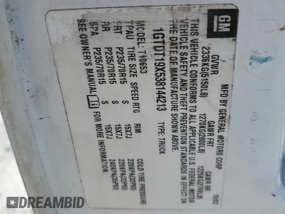 ✅ 2003 GMC Sonoma SL • VIN: 1GTDT19X538144213 • Lot: 52786475. Listed on Copart with 216,004 mi. Free auction sales archive from the USA and detailed vehicle history report at DreamBid. Image 12.