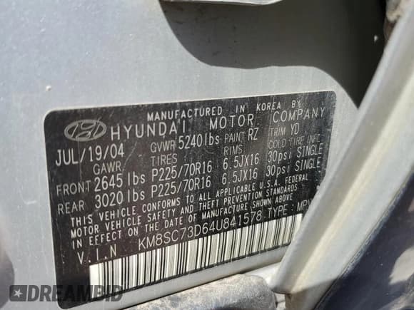 ✅ 2004 Hyundai Santa Fe GLS • VIN: KM8SC73D64U841578 • Lot: 49629885. Listed on Copart with 152,467 mi. Free auction sales archive from the USA and detailed vehicle history report at DreamBid. Image 13.