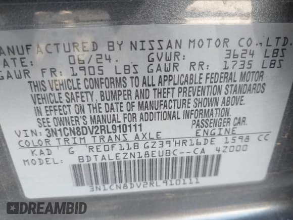 ✅ 2024 Nissan Versa S • VIN: 3N1CN8DV2RL910111 • Lot: 42028037. Listed on IAAI with 12,848 mi. Free auction sales archive from the USA and detailed vehicle history report at DreamBid. Image 9.