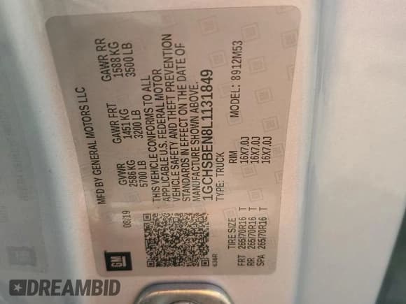 ✅ 2020 Chevrolet Colorado 2WD Work Truck • VIN: 1GCHSBEN8L1131849 • Lot: 89440915. Listed on Copart with 69,018 mi. Free auction sales archive from the USA and detailed vehicle history report at DreamBid. Image 13.