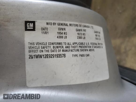 ✅ 2002 Chevrolet Monte Carlo LS • VIN: 2G1WW12E929193578 • Lot: 91219855. Listed on Copart with 201,469 mi. Free auction sales archive from the USA and detailed vehicle history report at DreamBid. Image 13.