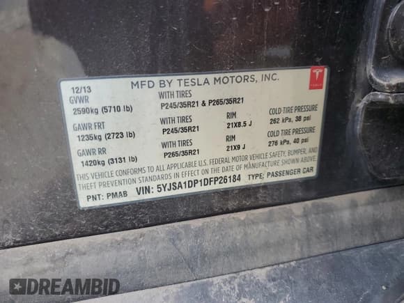 ✅ 2013 Tesla Model S Performance • VIN: 5YJSA1DP1DFP26184 • Lot: 92889365. Wystawiony na Copart z przebiegiem 134 253 mil. Bezpłatny archiwum sprzedaży aukcyjnych z USA i szczegółowy raport historii pojazdu na DreamBid. Zdjęcie 12.