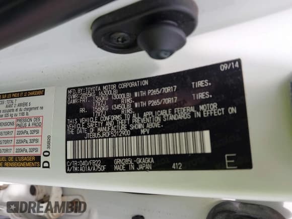 ✅ 2015 Toyota 4Runner Limited • VIN: JTEBU5JR0F5212900 • Lot: 43315228. Listed on IAAI with 204,216 mi. Free auction sales archive from the USA and detailed vehicle history report at DreamBid. Image 9.