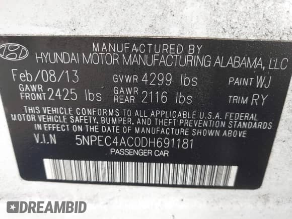 2013 Hyundai Sonata SE z VIN 5NPEC4AC0DH691181, wystawiony jako IAAI lot #43492376 z przebiegiem 138 400 mil mil oraz . Historia ofert i sprzedaży dostępna na DreamBid. Obrazek 9.