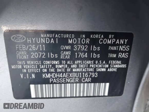 2011 Hyundai Elantra GLS with VIN KMHDH4AEXBU116793, listed as a IAAI auction lot 43555027 with 170,159 mi miles and . Bid and sale history available at DreamBid. Image 9.