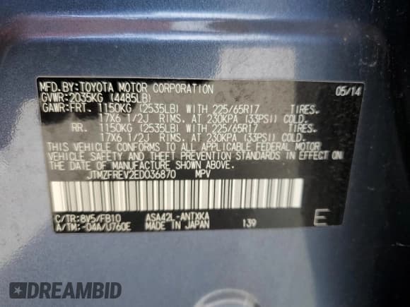 ✅ 2014 Toyota RAV4 LE • VIN: JTMZFREV2ED036870 • Lot: 60674715. Listed on Copart with 49,940 mi. Free auction sales archive from the USA and detailed vehicle history report at DreamBid. Image 13.