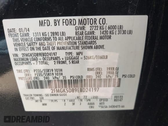 ✅ 2014 Ford Flex Limited • VIN: 2FMGK5D89EBD24197 • Lot: 43127769. Listed on IAAI with 160,967 mi. Free auction sales archive from the USA and detailed vehicle history report at DreamBid. Image 9.