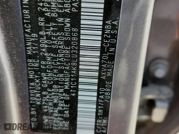 2020 Toyota Camry LE with VIN 4T1C11AK8LU320868, listed as a Copart auction lot 67942255 with 119,976 mi miles and Salvage title. Bid and sale history available at DreamBid. Image 12.