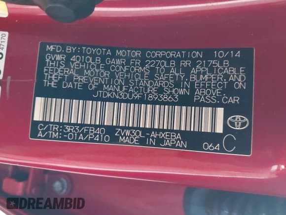 ✅ 2015 Toyota Prius Two • VIN: JTDKN3DU9F1893863 • Lot: 43812160. Listed on IAAI with 196,067 mi. Free auction sales archive from the USA and detailed vehicle history report at DreamBid. Image 9.