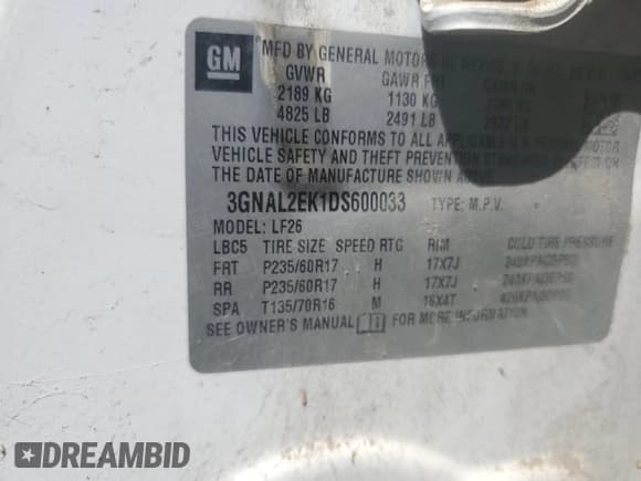 ✅ 2013 Chevrolet Captiva Sport LS • VIN: 3GNAL2EK1DS600033 • Lot: 54937115. Wystawiony na Copart z przebiegiem 197 862 mil. Bezpłatny archiwum sprzedaży aukcyjnych z USA i szczegółowy raport historii pojazdu na DreamBid. Zdjęcie 13.