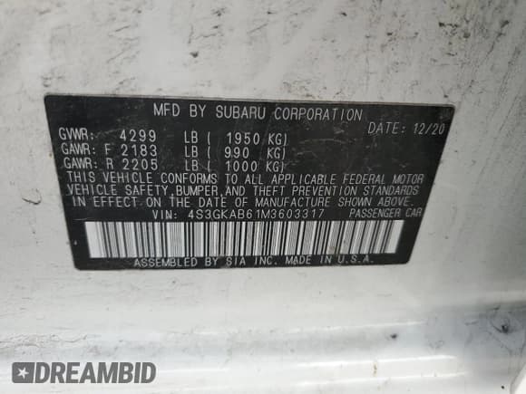 ✅ 2021 Subaru Impreza • VIN: 4S3GKAB61M3603317 • Lot: 82187785. Listed on Copart with 48,516 mi. Free auction sales archive from the USA and detailed vehicle history report at DreamBid. Image 12.