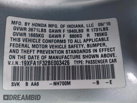 ✅ 2011 Honda Civic DX-VP • VIN: 19XFA1F32BE003426 • Lot: 43661930. Listed on IAAI with 122,432 mi. Free auction sales archive from the USA and detailed vehicle history report at DreamBid. Image 9.