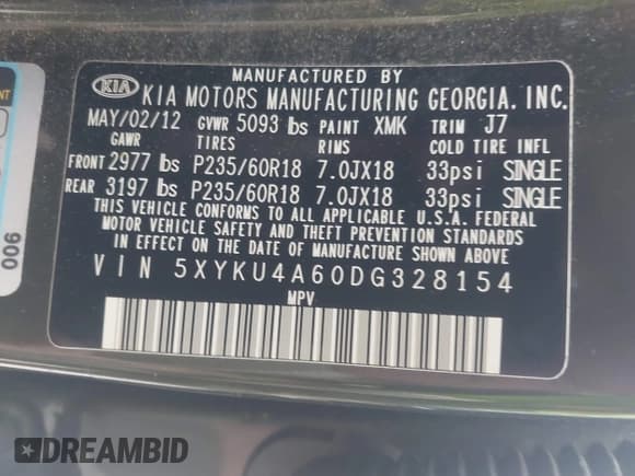 ✅ 2013 Kia Sorento EX • VIN: 5XYKU4A60DG328154 • Lot: 43637898. Listed on IAAI with 80,954 mi. Free auction sales archive from the USA and detailed vehicle history report at DreamBid. Image 9.