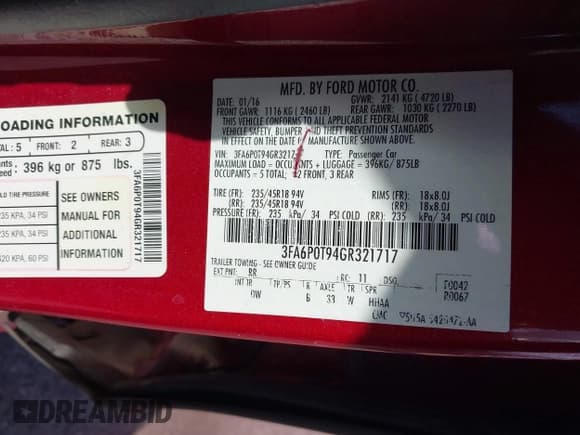 ✅ 2016 Ford Fusion SE • VIN: 3FA6P0T94GR321717 • Лот: 43494406. Опубликован ранее на IAAI с пробегом 101 813 миль. Бесплатный доступ к архиву аукционных продаж из США и подробный отчёт об истории автомобиля на DreamBid. Изображение 9.