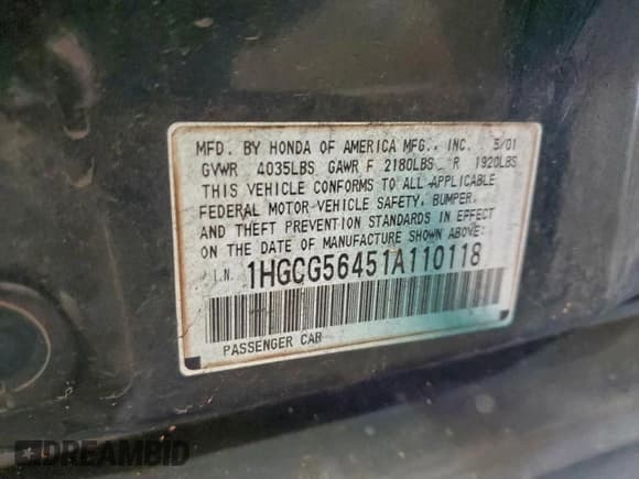 ✅ 2001 Honda Accord LX • VIN: 1HGCG56451A110118 • Lot: 94001595. Listed on Copart with 281,701 mi. Free auction sales archive from the USA and detailed vehicle history report at DreamBid. Image 12.