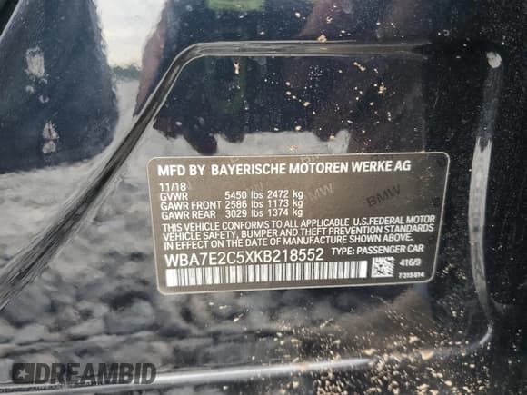 ✅ 2019 BMW 7 Series 740i • VIN: WBA7E2C5XKB218552 • Lot: 61473145. Listed on Copart with 108,440 mi. Free auction sales archive from the USA and detailed vehicle history report at DreamBid. Image 12.