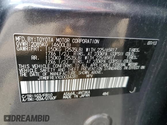 ✅ 2013 Toyota RAV4 LE • VIN: JTMBFREVXDD034381 • Lot: 60113275. Listed on Copart with 158,200 mi. Free auction sales archive from the USA and detailed vehicle history report at DreamBid. Image 12.