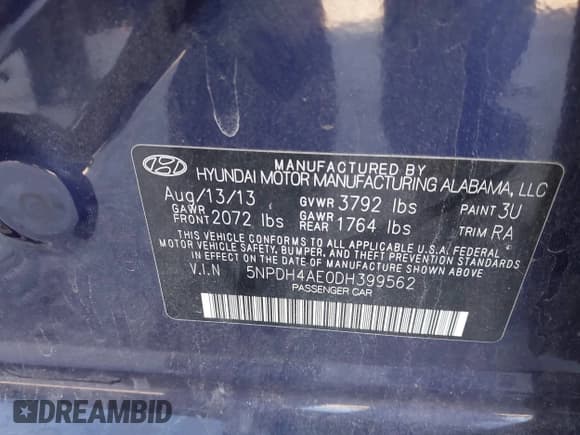✅ 2013 Hyundai Elantra GLS • VIN: 5NPDH4AE0DH399562 • Lot: 43636967. Listed on IAAI with 95,924 mi. Free auction sales archive from the USA and detailed vehicle history report at DreamBid. Image 9.
