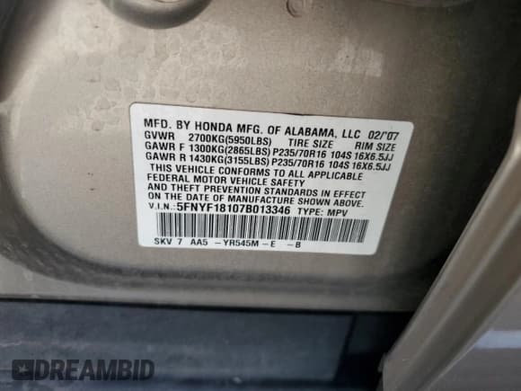 ✅ 2007 Honda Pilot LX • VIN: 5FNYF18107B013346 • Lot: 66501645. Listed on Copart with 188,217 mi. Free auction sales archive from the USA and detailed vehicle history report at DreamBid. Image 13.