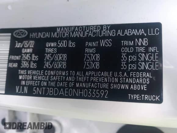 2022 Hyundai Santa Cruz SEL с VIN 5NTJBDAE0NH033592, выставлен на аукционе IAAI как лот 41126590 с пробегом 27 697 миль миль и . История ставок и продаж доступна на DreamBid. Изображение 9.