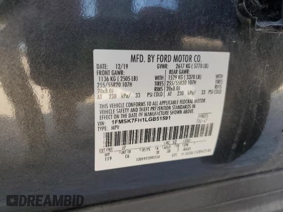 ✅ 2020 Ford Explorer Limited • VIN: 1FMSK7FH1LGB51591 • Lot: 82668705. Listed on Copart with 48,848 mi. Free auction sales archive from the USA and detailed vehicle history report at DreamBid. Image 14.