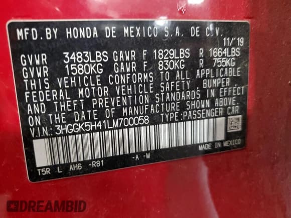 ✅ 2020 Honda Fit LX • VIN: 3HGGK5H41LM700058 • Lot: 85843195. Listed on Copart with 49,490 mi. Free auction sales archive from the USA and detailed vehicle history report at DreamBid. Image 12.