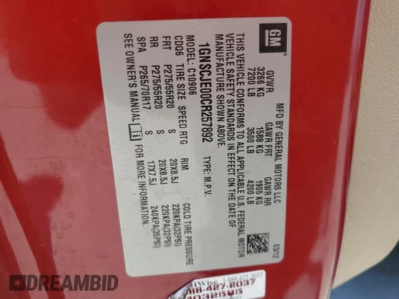 ✅ 2012 Chevrolet Suburban LT • VIN: 1GNSCJE00CR257892 • Lot: 60513594. Listed on Copart with 148,612 mi. Free auction sales archive from the USA and detailed vehicle history report at DreamBid. Image 14.