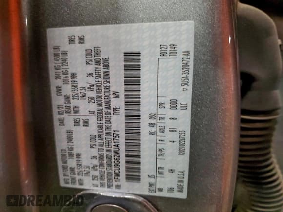 ✅ 2021 Ford Escape SE • VIN: 1FMCU9G62MUA17571 • Lot: 93955055. Listed on Copart with 37,977 mi. Free auction sales archive from the USA and detailed vehicle history report at DreamBid. Image 13.